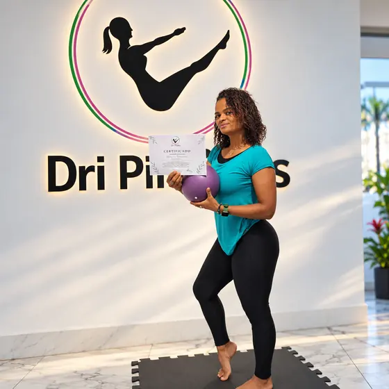 Patrícia segurando o certificado do curso de Pilates Solo e uma bola de Pilates lilás