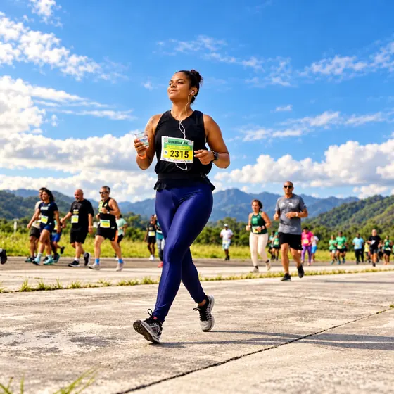Patrícia se hidratando durante uma corrida com montanhas ao fundo