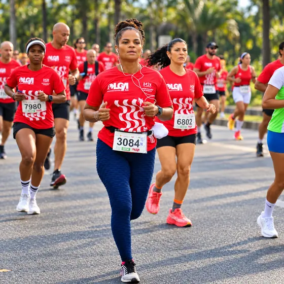 Patrícia com a camisa vermelha da corrida do Instituto Olgário no meio do pelotão