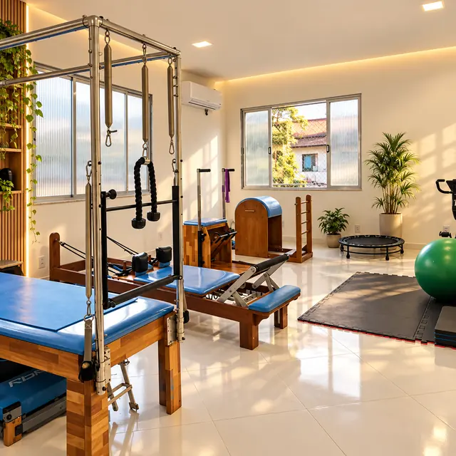 Estúdio de Pilates claro com Cadillac, Reformer, Ladder Barrel, bola suíça e plantas